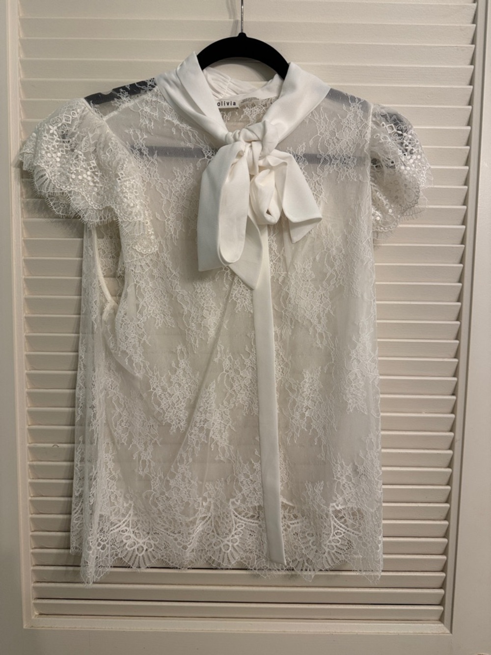 Alice + Olivia Talulah Ruffled Sleeve Bow Tie Neck White Lace Blouse Size Large - Picture 5 of 8